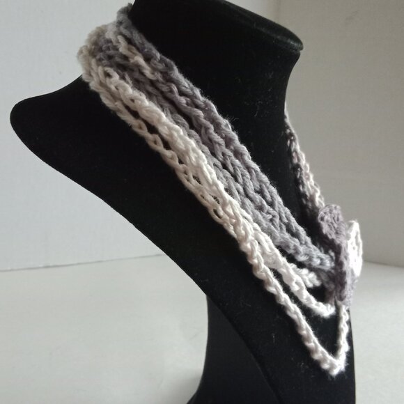 Crochet Statement Necklace with Ombre Flower Accent Boho Yarn Jewelry - Picture 5 of 6